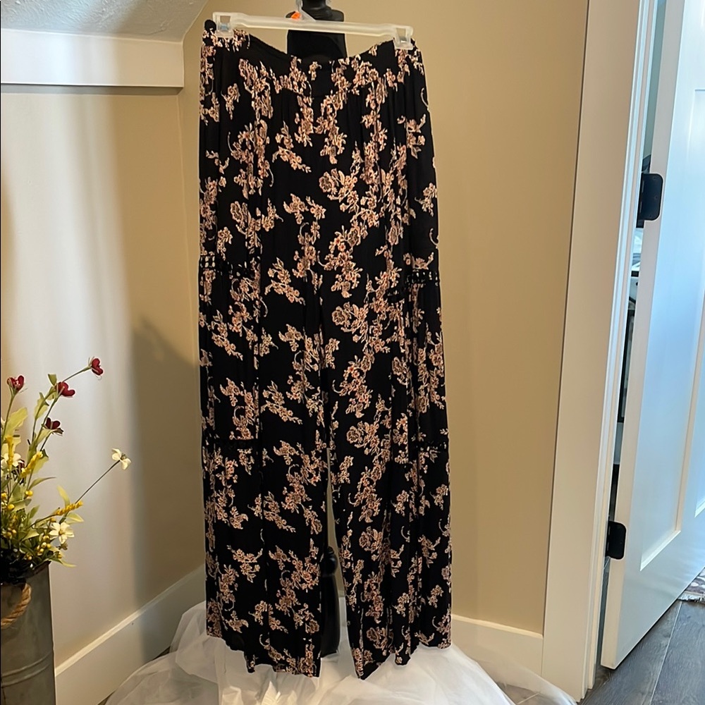 Angie Black and Pink Floral Wide Leg Pants